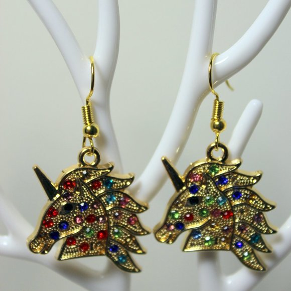 Hand Crafted Jewelry - Unicorn Dangle Earrings Gold Plated Crystal Charms NWT